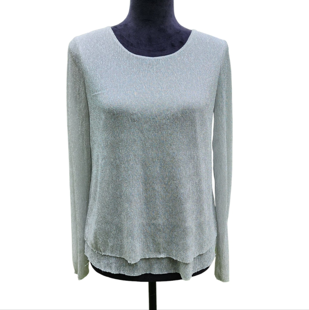 Chico's Women's Long Sleeve Metallic Silver Lightweight Blouse